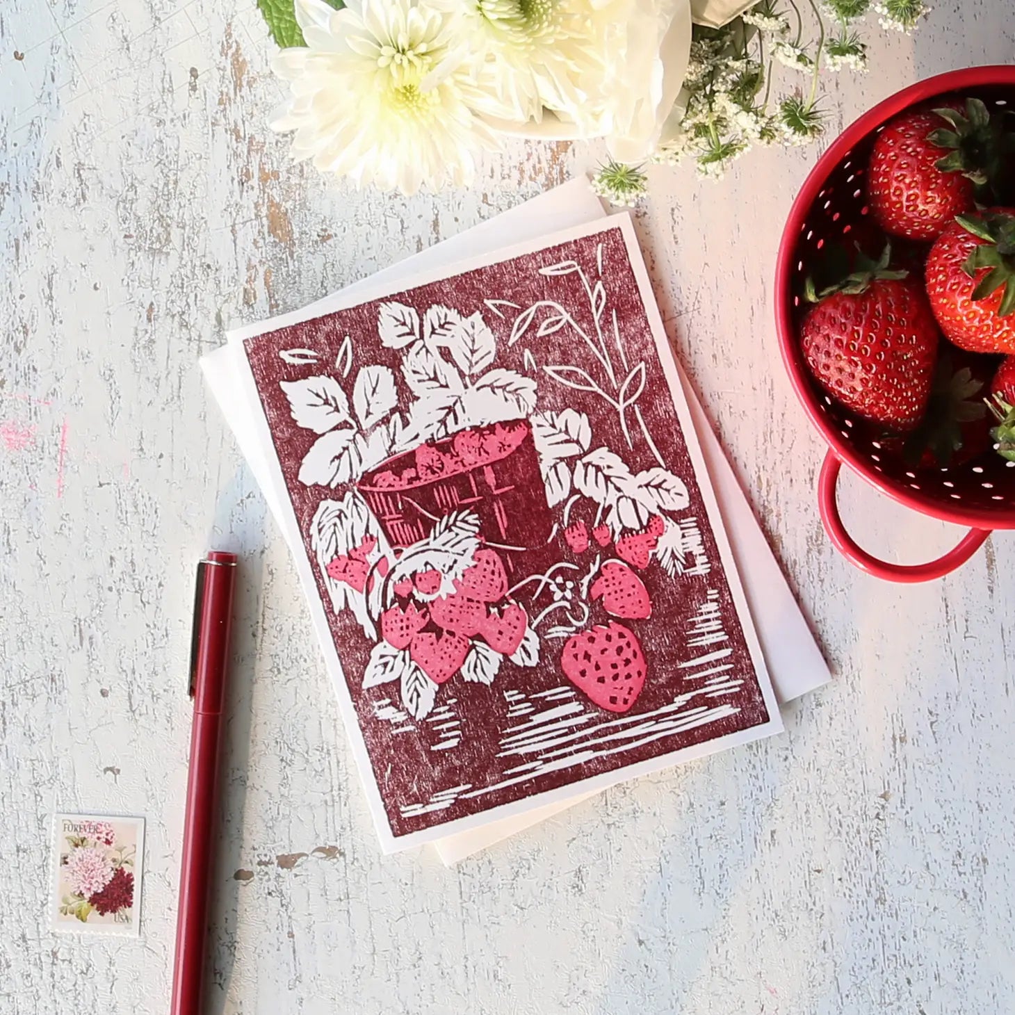 Strawberry Bucket Letterpress Card