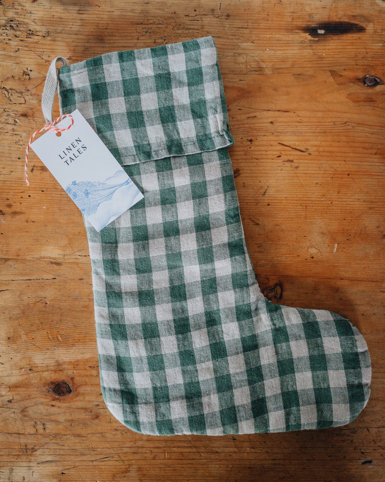 Forest Green Gingham Linen Christmas Stocking