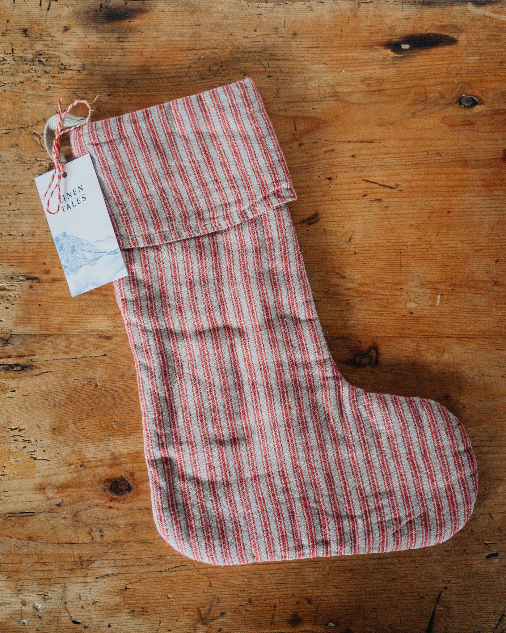 Red Natural Stripes Linen Christmas Stocking